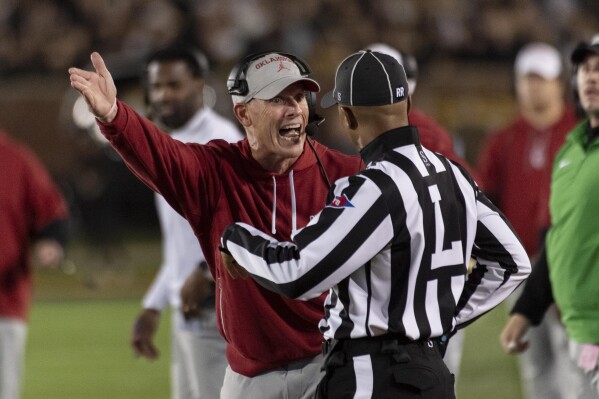 Oklahoma head coach Brent Venables argues a call during the first half of an NCAA college football game against Missouri Saturday, Nov. 9, 2024, in Columbia, Mo. (AP Photo/L.G. Patterson)