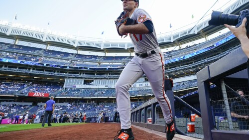 Baltimore Orioles' Colton Cowser takes the field before the team's baseball game against the New York Yankees, Wednesday, July 5, 2023, in New York. (AP Photo/Frank Franklin II)