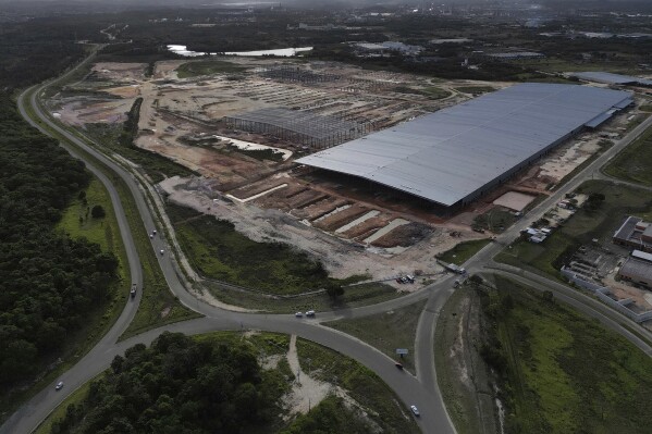 BYD vehicle factory is under construction in Camacari, Bahia state, Brazil, Thursday, March 6, 2025. (AP Photo/Eraldo Peres)