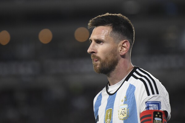Argentina's Lionel Messi gestures during a qualifying soccer match for the FIFA World Cup 2026 against Paraguay at the Monumental stadium in Buenos Aires, Argentina, Thursday, Oct. 12, 2023. (AP Photo/Gustavo Garello)