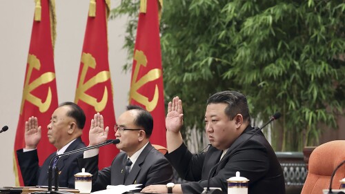 FILE - In this file photo provided on June 19, 2023, by the North Korean government, North Korean leader Kim Jong Un, center, attends an enlarged plenary meeting of the ruling Workers' Party's Central Committee, which was held between June 16 and 18, at the party's headquarters in Pyongyang, North Korea. South Korea said Wednesday, July 12, 2023, North Korea has launched a ballistic missile toward the North’s eastern waters. Independent journalists were not given access to cover the event depicted in this image distributed by the North Korean government. The content of this image is as provided and cannot be independently verified. (Korean Central News Agency/Korea News Service via AP, File)