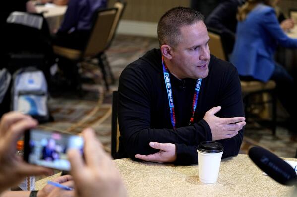 Las Vegas Raiders head coach Josh McDaniels speaks during the AFC head coaches availability at the NFL meetings, Monday, March 27, 2023, in Phoenix. (AP Photo/Matt York)
