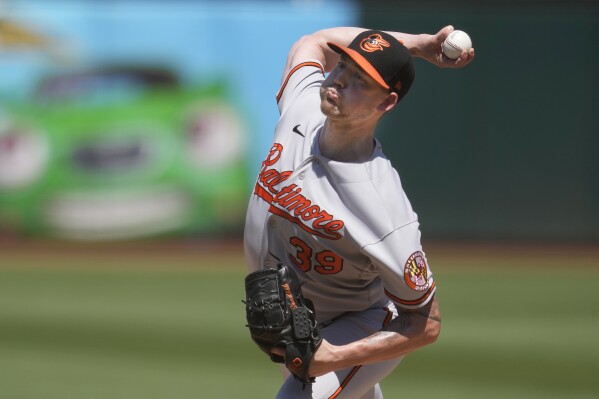 Baltimore Orioles pitcher Kyle Bradish works against the Oakland Athletics during the first inning of a baseball game in Oakland, Calif., Sunday, Aug. 20, 2023. (AP Photo/Jeff Chiu)