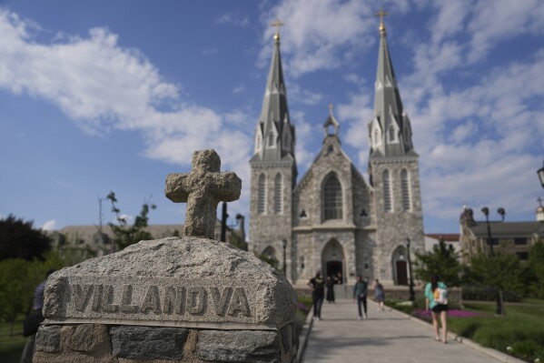 A general view of St. Thomas of Villanova Church on the Villanova University campus is seen, Thursday, May 8, 2025 in Villanova, Pa. (AP Photo/Matt Slocum)