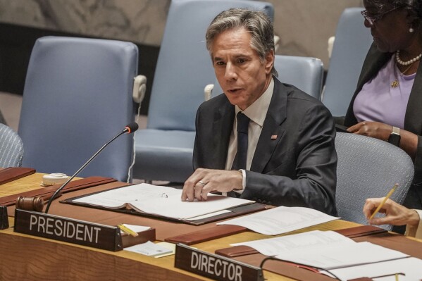 U.S. Secretary of State Antony Blinken holds seat as president of the United Nations Security Council during meeting on famine and conflict-induced global food insecurity, Thursday, Aug. 3, 2023, at U.N. headquarters. (AP Photo/Bebeto Matthews)