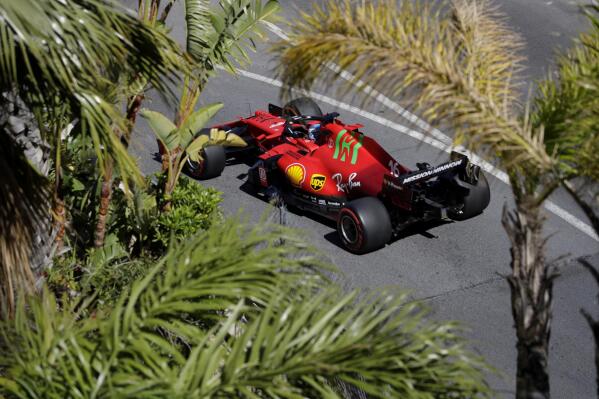 Ferrari driver Charles Leclerc of Monaco steers his car during the second free practice for Sunday's Formula One race, at the Monaco racetrack, in Monaco, Thursday, May 20, 2021. (AP Photo/Luca Bruno)