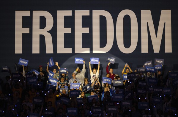 FILE - Supporters cheer Democratic presidential nominee Vice President Kamala Harris as she speaks at a campaign rally, Aug. 20, 2024, in Milwaukee. (AP Photo/Jeffrey Phelps, File)