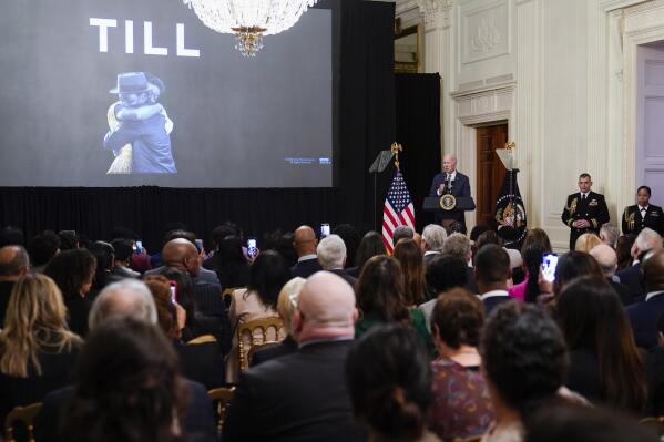 President Joe Biden speaks before the screening of the movie "Till" in the East Room of the White House in Washington, Thursday, Feb. 16, 2023. The movie, "Till," is the story of Mamie Till-Mobley who pursued justice after the lynching of her 14-year-old son, Emmett Till, in 1955. (AP Photo/Susan Walsh)