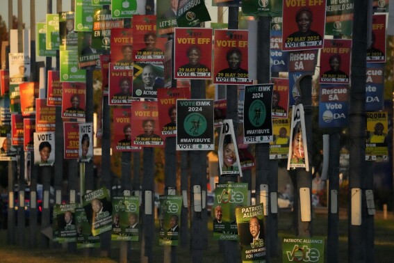 An array of election posters from various political parties are displayed on poles in Pretoria, South Africa, Thursday, May 16, 2024. (AP Photo/Themba Hadebe)