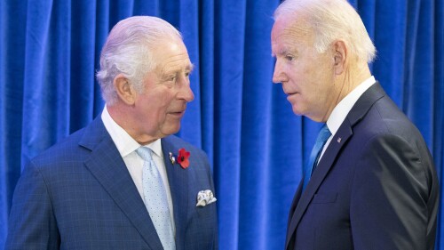 FILE - Britain's Prince Charles, left, greets the President of the United States Joe Biden ahead of their bilateral meeting during the Cop26 summit at the Scottish Event Campus (SEC) in Glasgow, Scotland, Nov. 2, 2021. Biden will spend four days in three nations next week as he travels through Europe tending to alliances that have been tested by Russia's invasion of Ukraine. His first stop is London, where he'll meet with King Charles III and Prime Minister Rishi Sunak. (Jane Barlow/Pool Photo via AP, File)