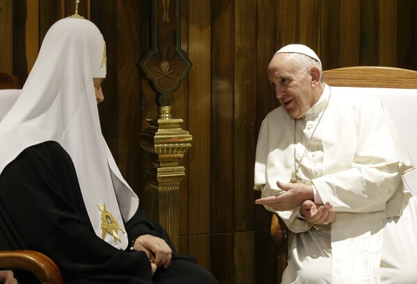 Pope Francis, right, and Russian Orthodox Church Patriarch Kirill talk during their meeting at the Jose Marti International airport in Havana, Feb. 12, 2016. (AP Photo/Gregorio Borgia)