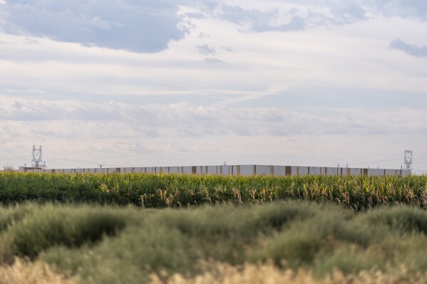 An Amazon Web Services data center, painted to blend into the landscape, is seen on Thursday, Aug. 22, 2024, in Boardman, Ore. (AP Photo/Jenny Kane)