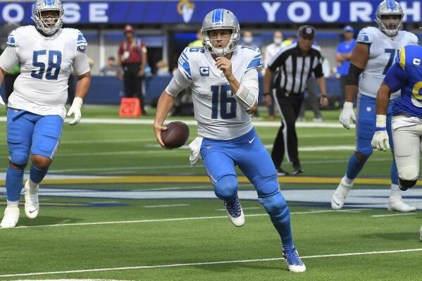 London, UK. 27 October 2019. Rams Quarterback, Jared Goff (16) throws a  pass during the NFL match Cincinnati Bengals v Los Angeles Rams at Wembley  Stadium, game 3 of this year's NFL