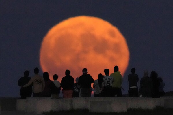 A rare Blue Supermoon rises over Lake Michigan as spectators watch from Chicago's 31st Street beach Wednesday, Aug. 30, 2023. (AP Photo/Charles Rex Arbogast)