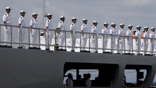FILE - Chinese navy sailors stand in formation on board the naval training ship, Qi Jiguang, as it docks at Manila's port, Philippines Wednesday, June 14, 2023. China says it's navy ships are preparing for joint exercises with Russia's sea forces in a sign of Beijing's continuing support for Moscow's invasion of neighboring Ukraine. (AP Photo/Basilio Sepe, File)
