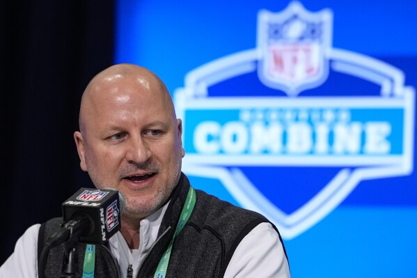 Los Angeles Chargers general manager Joe Hortiz speaks during a press conference at the NFL football scouting combine in Indianapolis, Tuesday, Feb. 27, 2024. (AP Photo/Michael Conroy)