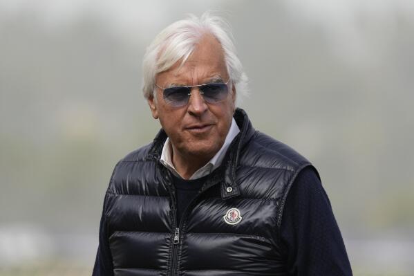 FILE - Trainer Bob Baffert waits for the Breeders' Cup horse races at Del Mar racetrack in Del Mar, Calif., Nov. 5, 2021. Taiba is the slight 7-5 favorite over the undefeated Jack Christopher in the $1 million Haskell Stakes on Saturday, July 23, 2022, the first major race for 3-year-olds following the Triple Crown. Taiba is trained by Hall of Famer Bob Baffert, who is seeking to extend his stakes record with a 10th Haskell victory at Monmouth Park. (AP Photo/Jae C. Hong, File)