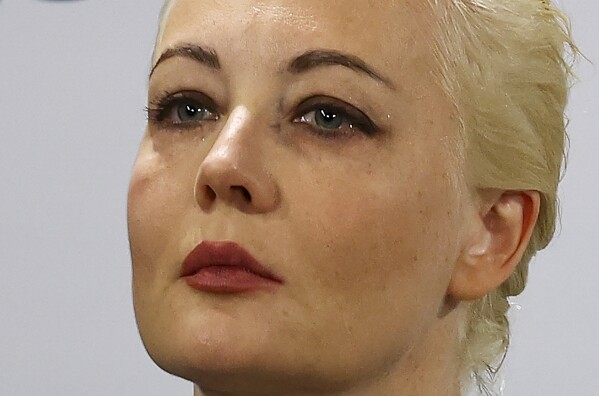 Yulia Navalnaya, wife of Russian opposition leader Alexei Navalny, reacts during a speech during the Munich Security Conference, Friday, Feb. 16, 2024, in Munich, Germany.  Navalny fought against official corruption and led major anti-Kremlin protests as president.  A staunch opponent of Vladimir Putin died on Friday at the Arctic penal colony where he was serving a 19-year sentence, Russia's prison agency said.  He was 47. (Kai Pfaffenbach/Pool Photo via AP)