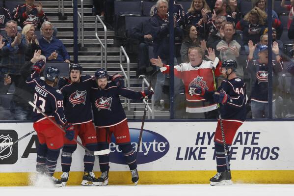 Columbus Blue Jackets celebrate a goal against the Montreal Canadiens during the third period of an NHL hockey game Wednesday, April 13, 2022, in Columbus, Ohio. (AP Photo/Jay LaPrete)