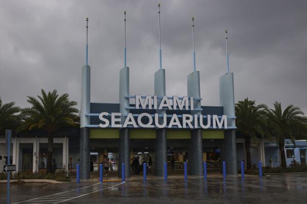The entrance to Miami Seaquarium is seen, Thursday, March 30, 2023, in Miami. An unlikely coalition of a theme park owner, animal rights group and NFL owner-philanthropist announced Thursday that a plan is in place to return Lolita, an orca that has lived at the Miami Seaquarium for more than 50 years, to her home waters in the Pacific Northwest. (Alie Skowronski/Miami Herald via AP)