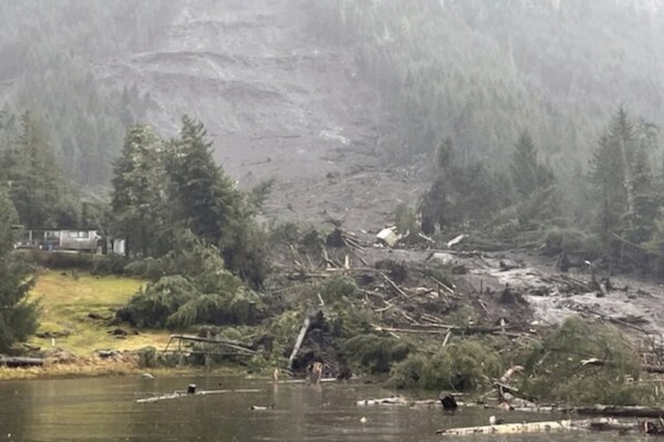 FILE - This photo provided by the U.S. Coast Guard shows the aftermath of a landslide in Wrangell, Alaska on Tuesday, Nov. 21, 2023. (U.S. Coast Guard photo via AP, File)