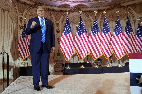 Republican presidential candidate former President Donald Trump arrives to speak at a Super Tuesday election night party Tuesday, March 5, 2024, at Mar-a-Lago in Palm Beach, Fla. (AP Photo/Evan Vucci)