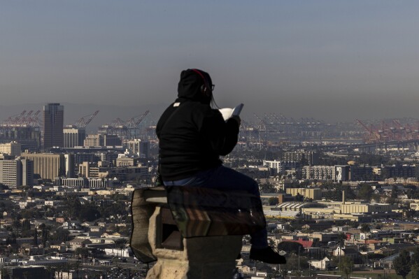 A woman reads a book sitting on a column in Hilltop Park overlooking the Ports of Long Beach and Los Angeles, Monday, March 10, 2025, in Signal Hill, Calif. (AP Photo/Etienne Laurent)