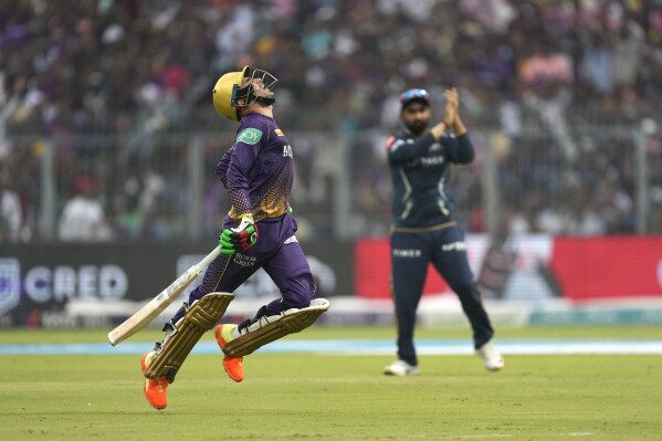 Kolkata Knight Riders' cricketer Rahmanullah Gurbaz celebrates after scoring his fifty runs during the Indian Premier League cricket match against Gujarat Titans, in Kolkata, India, Saturday, April 29, 2023. (AP Photo/Bikas Das )