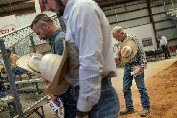 Rancher GC Ellis, right, bows his head in prayer before a cattle auction in Gainesville, Texas, Friday, April 21, 2023. Ellis built his ranch in 1982 on 450 acres. It's where his children roamed through the pastures, creeks and hardwood forests as the family added land and cattle over the years. It's now grown to 3,000 acres and his daughter, Meredith, now runs the day-to-day operations. (AP Photo/David Goldman)