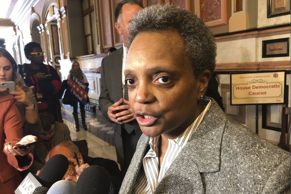 FILE - In this Nov. 12, 2019 file photo, Chicago Mayor Lori Lightfoot talks to reporters after meeting with House Democrats at the state Capitol, in Springfield, Ill. Even though Illinois lawmakers have finally approved a Chicago casino, the city faces major obstacles before anyone can place any bets. One of the biggest issues is trying to make it more profitable. Lawmakers adjourned their veto session this month without addressing the issue. Mayor Lightfoot says they'll try again in January. (AP Photo/John O'Connor File)
