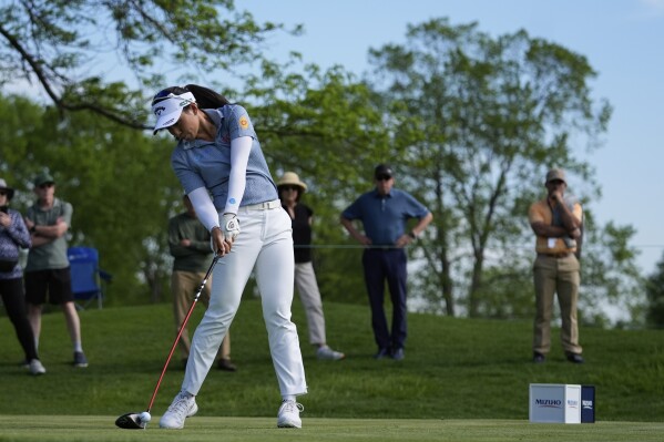 Jeeno Thitikul, of Thailand, hits from the sixth tee during the first round of the Mizuho Americas Open LPGA golf tournament, Thursday, May 8, 2025, in Jersey City, N.J. (AP Photo/Seth Wenig)