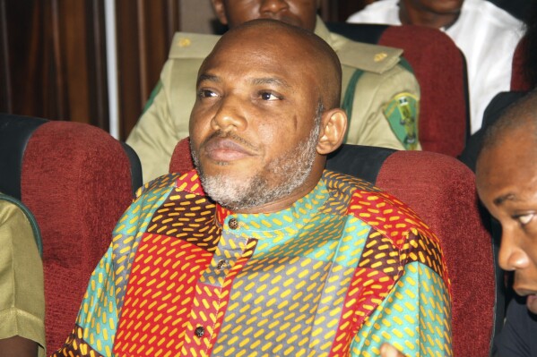 FILE- In this Jan. 29, 2016 file photo, Biafran separatist leader Nnamdi Kanu attends a court hearing at the Federal High court in Abuja, Nigeria. Nigeria’s Supreme Court on Friday, Dec. 15, 2023, ordered the continued detention of Nnamdi Kanu, a popular separatist leader whose terrorism trial has been blamed for the violent extremism in the country’s southeast region. (AP Photo/ File)