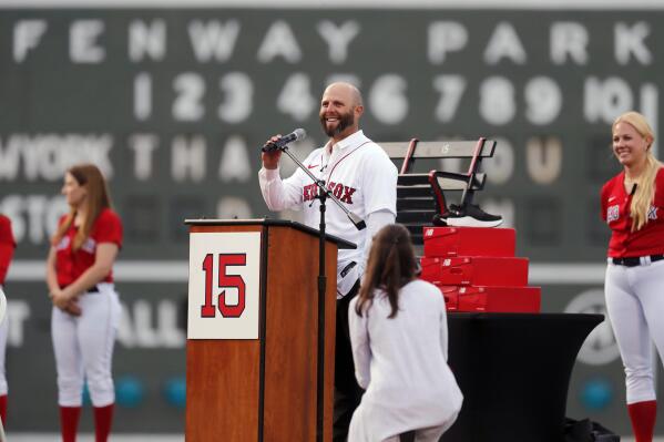 Dustin Pedroia wanted a laundry cart ride during Red Sox tribute