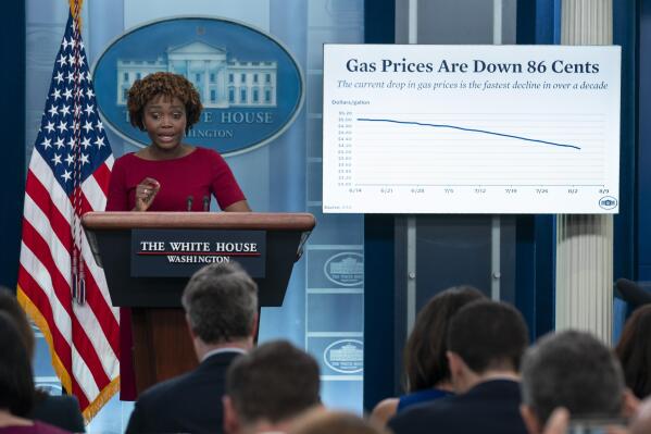White House press secretary Karine Jean-Pierre speaks during a briefing at the White House, Wednesday, Aug. 3, 2022, in Washington. (AP Photo/Evan Vucci)