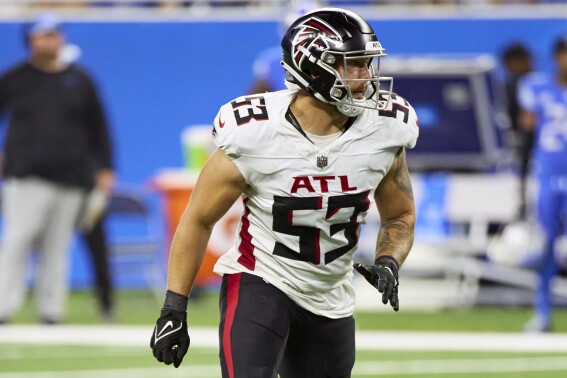 FILE - Atlanta Falcons linebacker Nate Landman (53) plays against the Detroit Lions during an NFL football game at Ford Field in Detroit, Sunday, Sept. 24, 2023. Landman, who came to Atlanta as an undrafted free agent, is being asked to fill in as the starting inside linebacker in Sunday’s game against Jacksonville in London after Troy Andersen was placed on injured reserve Tuesday, Sept. 26. (AP Photo/Rick Osentoski, File)