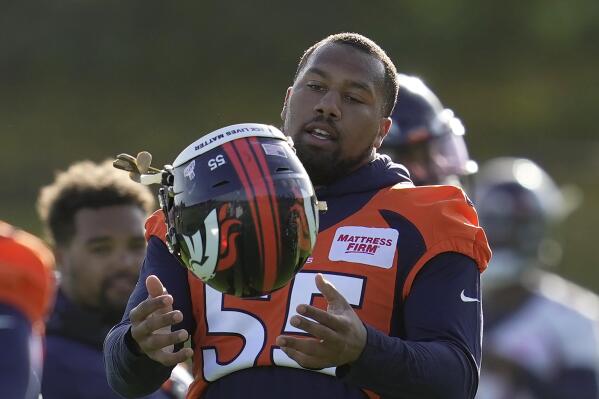 Denver Broncos Bradley Chubb attends a practice session in Harrow, England, Wednesday, Oct. 26, 2022 ahead the NFL game against Jacksonville Jaguars at the Wembley stadium on Sunday. (AP Photo/Kin Cheung)