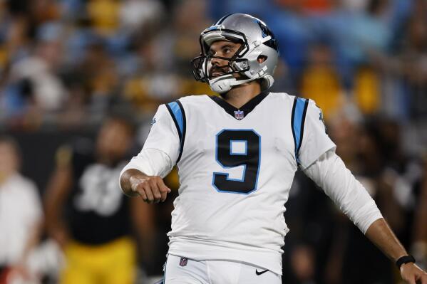 Carolina Panthers kicker Ryan Santoso kicks a field goal against the Pittsburgh Steelers during the second half of a preseason NFL football game Friday, Aug. 27, 2021, in Charlotte, N.C. (AP Photo/Nell Redmond)