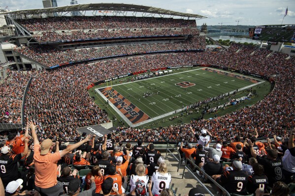 FILE -A general view of Paycor Stadium during an NFL football game between the Cincinnati Bengals and Baltimore Ravens on Sunday, Sept. 17, 2023, in Cincinnati. The Cincinnati Bengals plan to spend up to $120 million for upgrades to Paycor Stadium as part of showcasing the team's “support and commitment to a successful future in Cincinnati.” The construction, which will run through 2026, is a “necessary part of a long-standing plan to keep a successful team in Cincinnati and keep the Bengals competitive across the NFL,” the team said in a statement Tuesday, May 21, 2024. (AP Photo/Emilee Chinn, File)