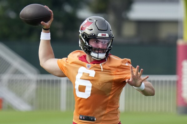 Tampa Bay Buccaneers quarterback Baker Mayfield throws a pass during an NFL football training camp practice Thursday, July 27, 2023, in Tampa, Fla. (AP Photo/Chris O'Meara)