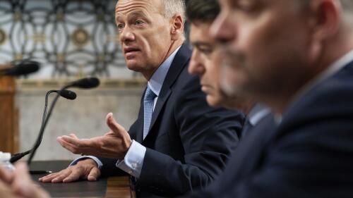 Gregory Becker, former CEO of Silicon Valley Bank, left, testifies alongside Scott Shay, former chairman and co-founder of Signature Bank, and Eric Howell, former president of Signature Bank, during a Senate Banking, Housing and Urban Affairs hearing that examined the failures of Silicon Valley Bank and Signature Bank, Tuesday, May 16, 2023, on Capitol Hill in Washington. (AP Photo/Jacquelyn Martin)