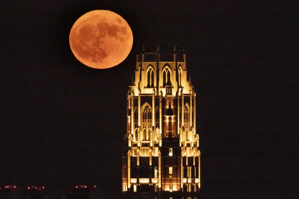 FILE - A supermoon rises over the West End Tower at Vanderbilt University, Aug. 1, 2023, in Nashville, Tenn. Stargazers are in for a double treat on Wednesday night, Aug. 30: a rare blue supermoon with Saturn peeking from behind. The cosmic curtain rises Wednesday night with the second full moon of August, the reason it’s considered blue. It’s dubbed a supermoon because it’s closer to Earth than usual, appearing especially big and bright. (AP Photo/George Walker IV, File)