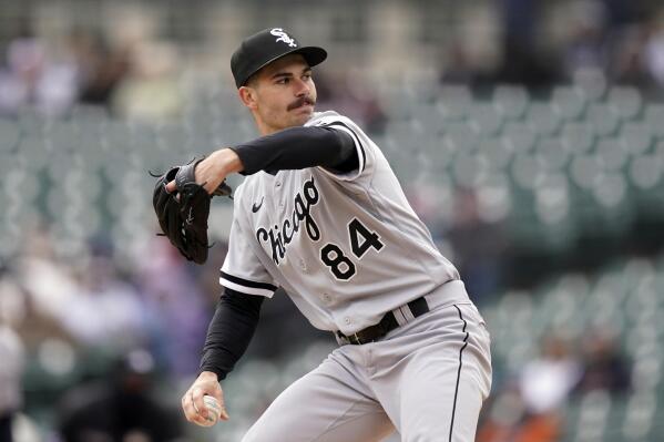 Chicago White Sox starting pitcher Dylan Cease works during the first  inning of the second game in a double header against the Detroit Tigers on  Thursday April 29, 2021 in Chicago. (Photo