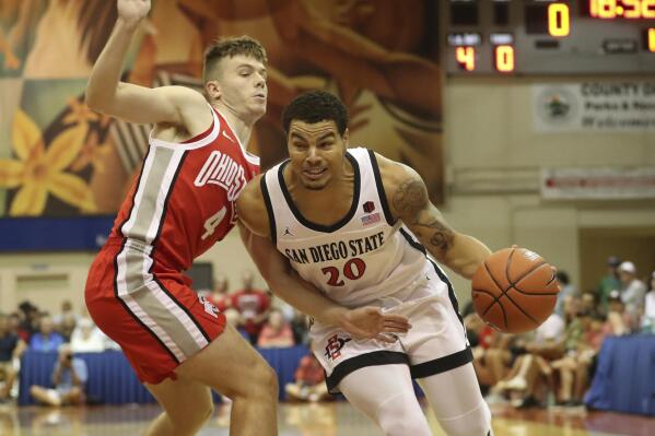 Ohio State guard Sean McNeil (4) guards against San Diego State guard Matt Bradley (20) during the first half of an NCAA college basketball game, Monday, Nov. 21, 2022, in Lahaina, Hawaii. (AP Photo/Marco Garcia)