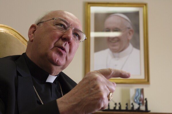 Cardinal Kevin Farrell talks during an interview with The Associated Press in his office in Rome on July 31, 2018. (AP Photo/Paolo Santalucia, File)
