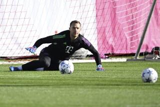 Bayern Munich's goalkeeper Manuel Neuer attends a team training session in Munich, Germany, Monday, Oct. 23, 2023. Bayern Munich plays Galatasaray in a Champions League group A match in Istanbul, Turkey, on Tuesday. (Lennart Preiss/dpa via AP)