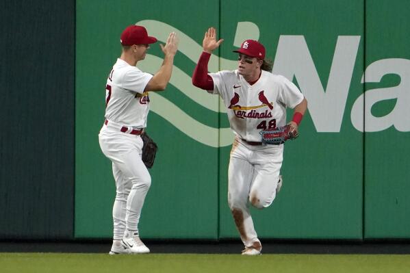 Harrison Bader of the St. Louis Cardinals catches a fly ball