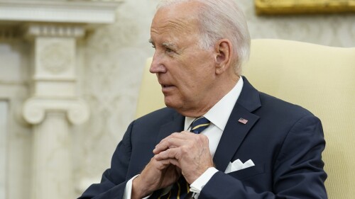 President Joe Biden looks to Israel's President Isaac Herzog as they meet in the Oval Office of the White House in Washington, Tuesday, July 18, 2023. (AP Photo/Susan Walsh)