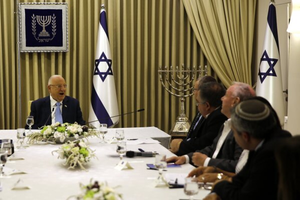 Israeli President Reuven Rivlin speaks during a consultation meeting with members of the Likud party, in Jerusalem, Sunday, Sept. 22, 2019. Rivlin began two days of crucial talks Sunday with party ...