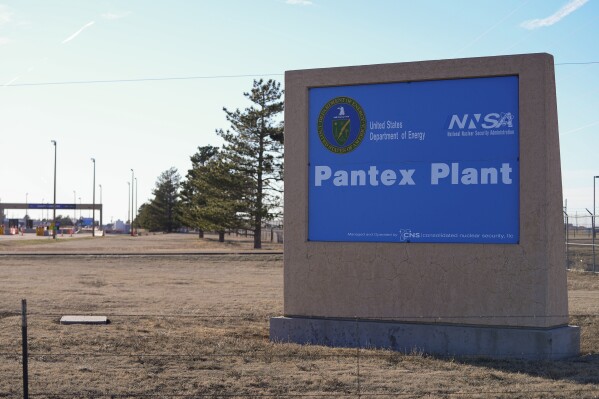 A general view shows an entrance to the Pantex Plant, Friday, March 1, 2024, in Panhandle, Texas. The plant was briefly shut down during the early part of the Smokehouse Creek Fire on Tuesday, Feb. 27. Climate change increasingly threatens research laboratories, weapons sites and power plants across the nation that handle or are contaminated with radioactive material or perform critical energy and defense research. (AP Photo/Julio Cortez)