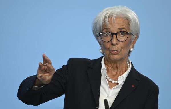 Christine Lagarde, President of the European Central Bank (ECB), gives a press conference at ECB headquarters in Frankfurt, Germany, Thursday, Oct. 27, 2022. The European Central Bank has made another outsized interest rate hike aimed at squelching out-of-control inflation. It increased rates by three-quarters of a percentage point Thursday at a meeting in Frankfurt.  (Arne Dedert/dpa via AP)